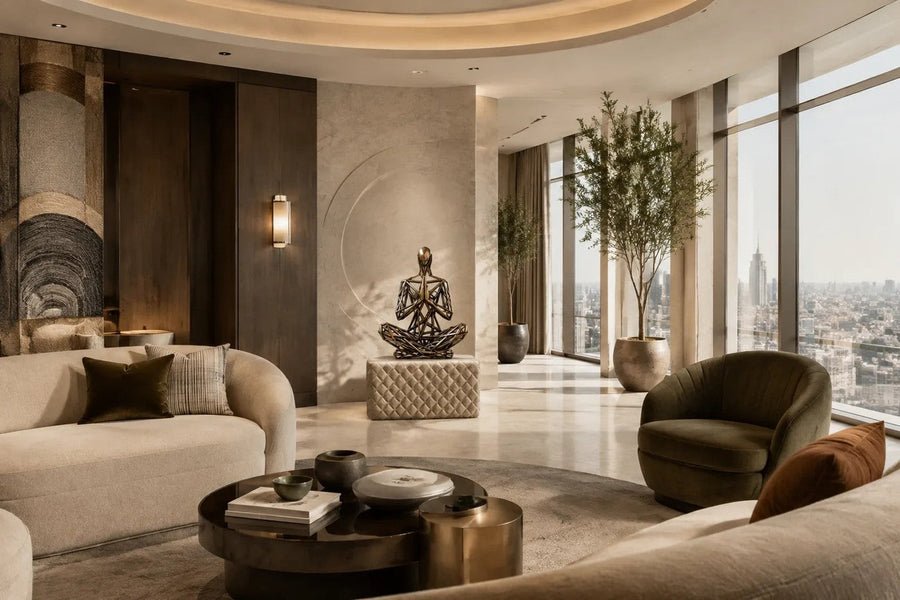 Bronze strut-cage seated figure sculpture Intreccio in lotus with hands together, on a quilted travertine block.