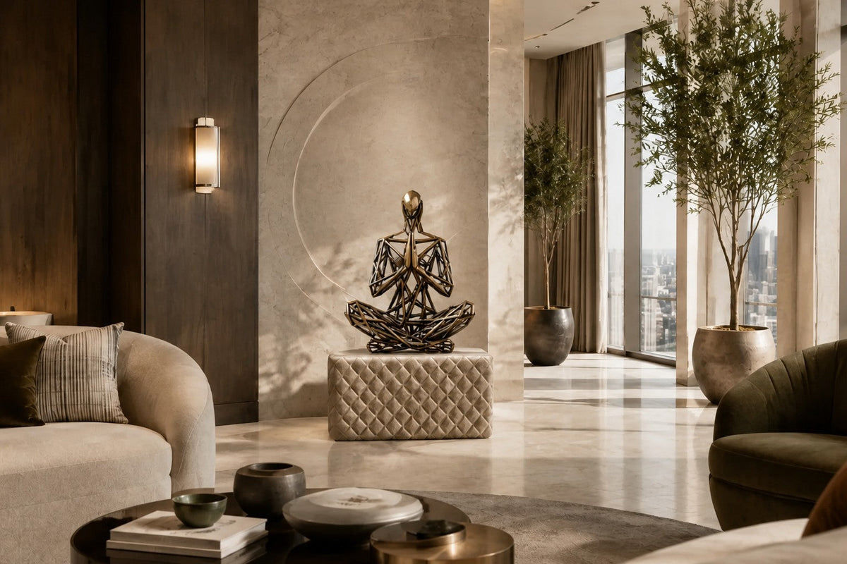 Bronze strut-cage seated figure sculpture Intreccio in lotus with hands together, on a quilted travertine block.