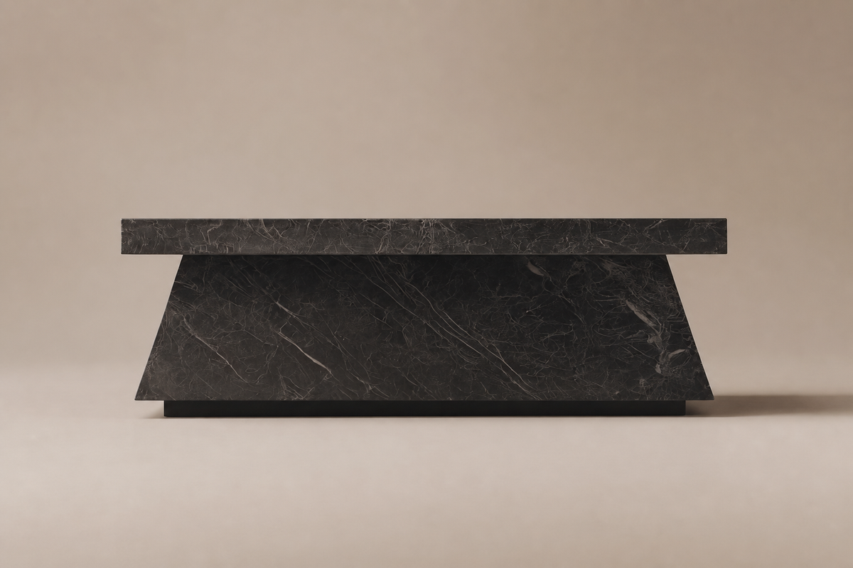 Inverted Taper Base Flared black marble plinth base by 1-OPH, side elevation