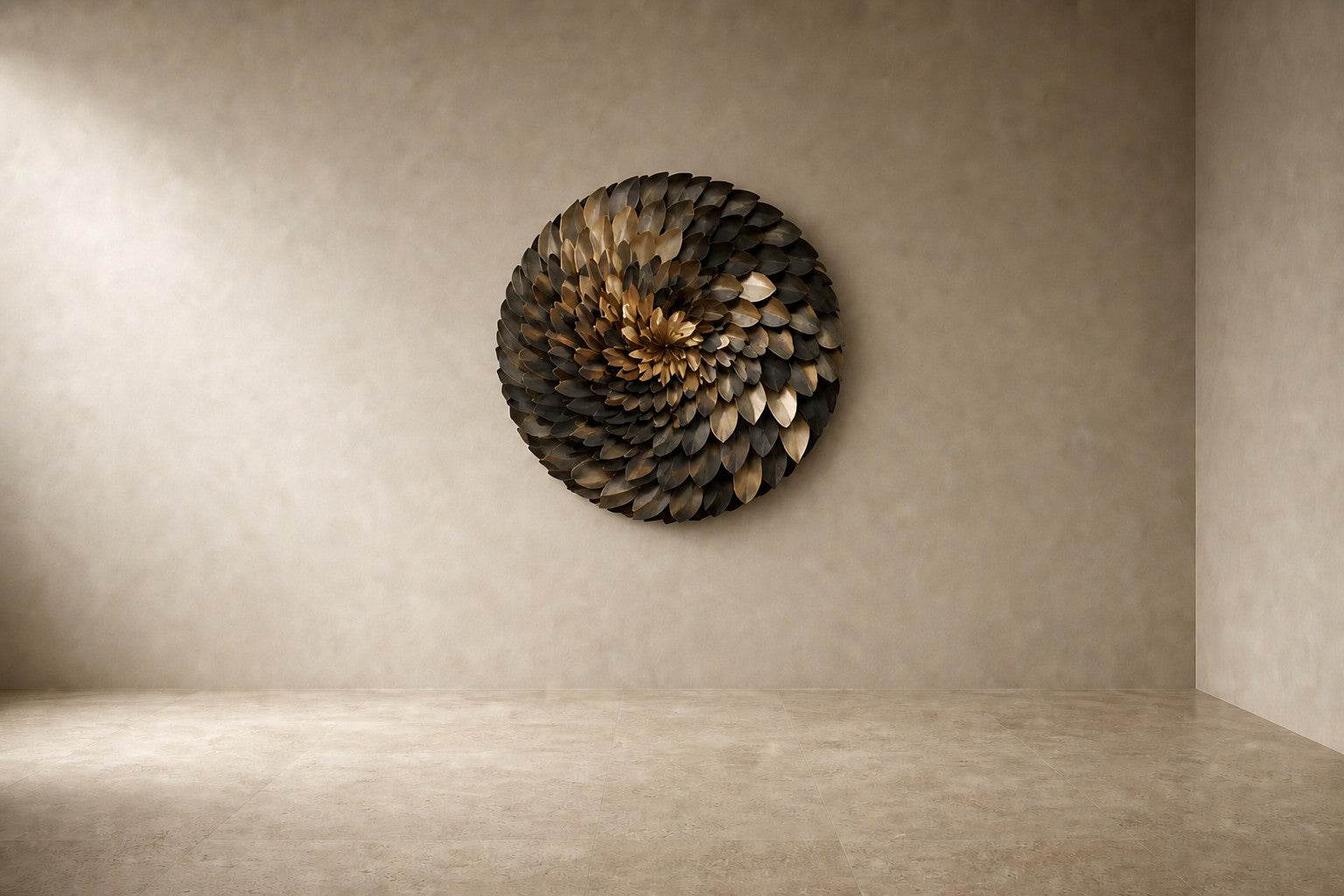 Dark bronze and pale gold bronze wall sculpture Collana, cast beads strung on a spun disc, on a plaster wall.