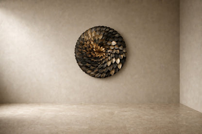 Dark bronze and pale gold bronze wall sculpture Collana, cast beads strung on a spun disc, on a plaster wall.