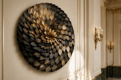 Dark bronze and pale gold bronze wall sculpture Collana, cast beads strung on a spun disc, on a plaster wall.