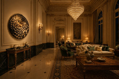 Dark bronze and pale gold bronze wall sculpture Collana, cast beads strung on a spun disc, on a plaster wall.