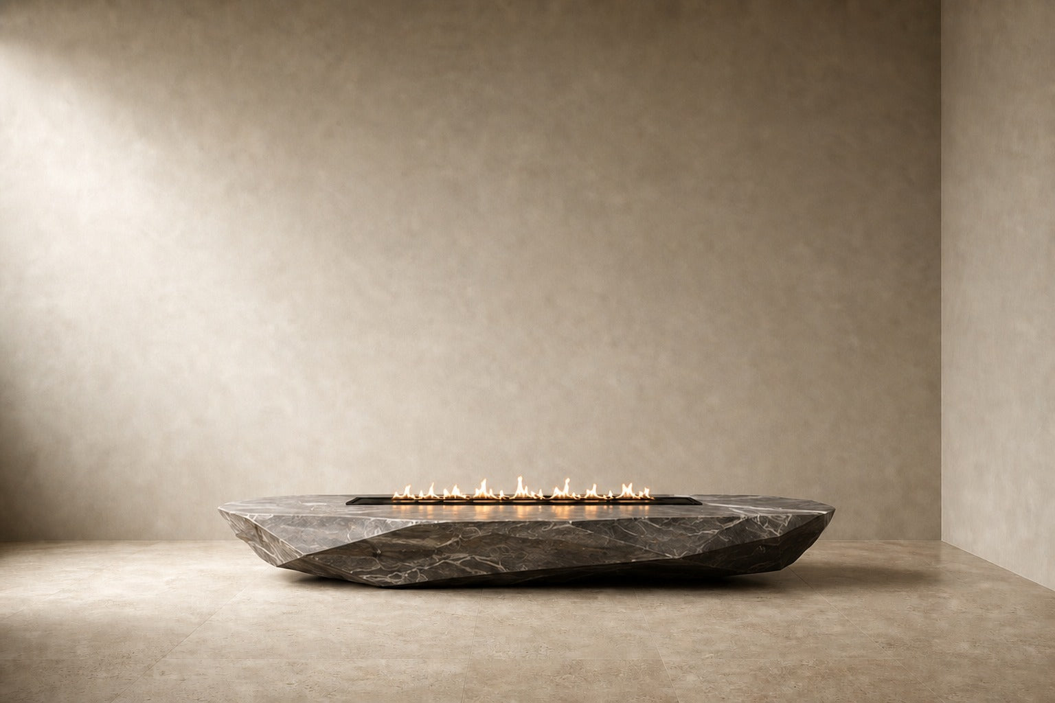 Grey-white marble fire table Iwana 220, grey-white with dark veining, on a pale stone floor.