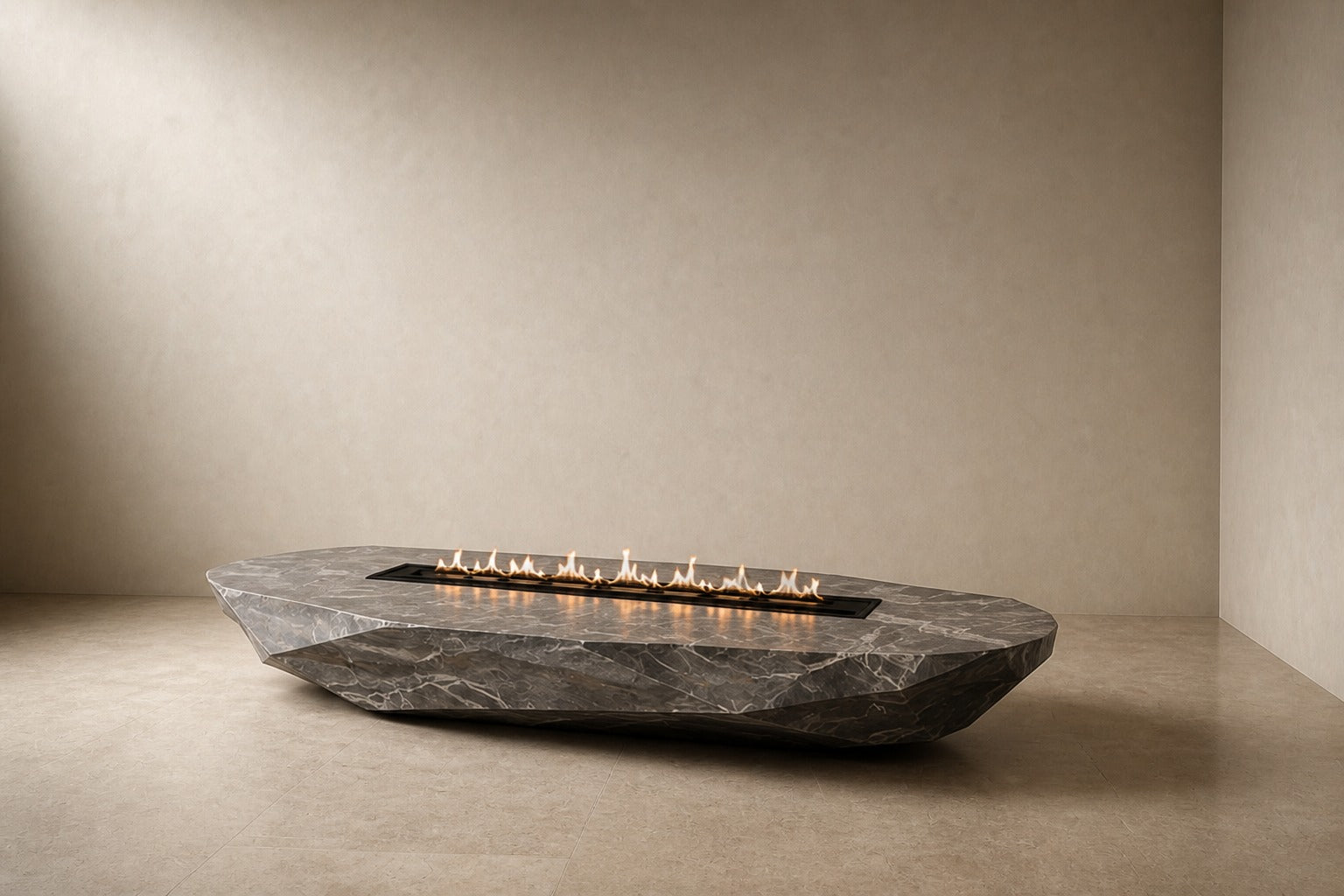 Grey-white marble fire table Iwana 220, grey-white with dark veining, on a pale stone floor.