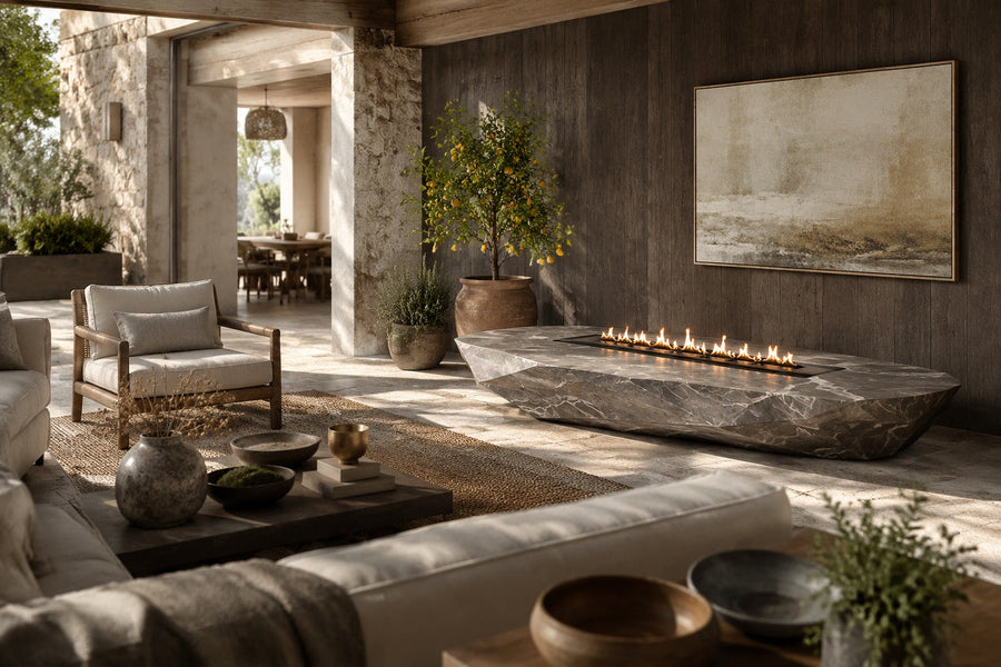 Iwana 220 marble fireplace, shown in a room setting, at full scale