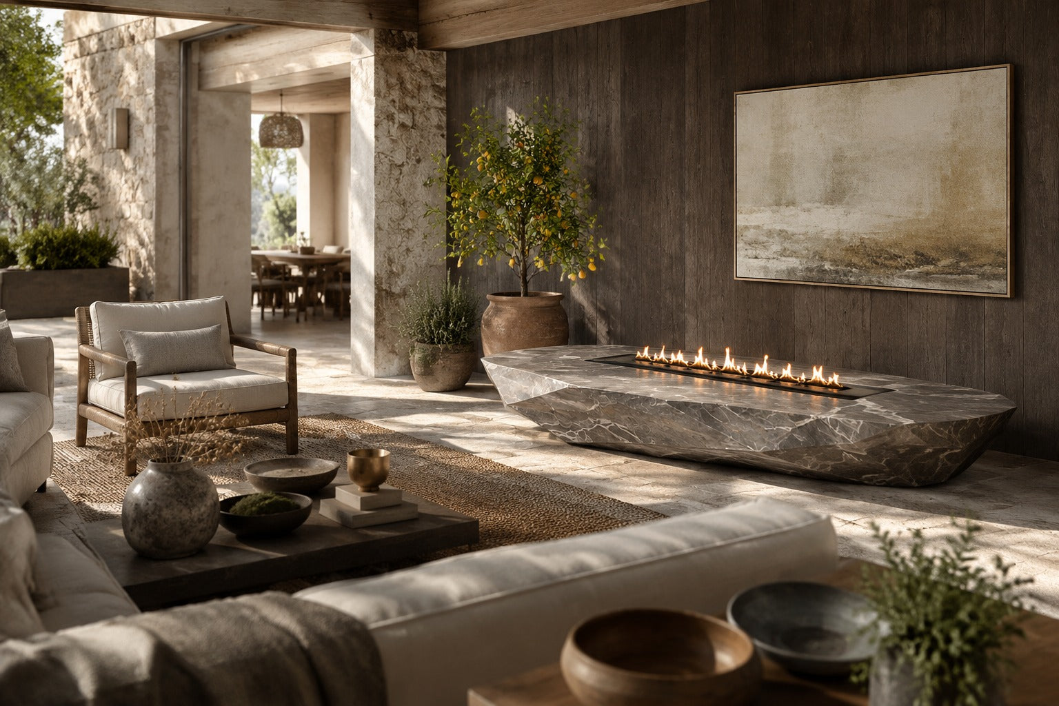 Grey-white marble fire table Iwana 220, grey-white with dark veining, on a pale stone floor.