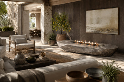 Grey-white marble fire table Iwana 220, grey-white with dark veining, on a pale stone floor.