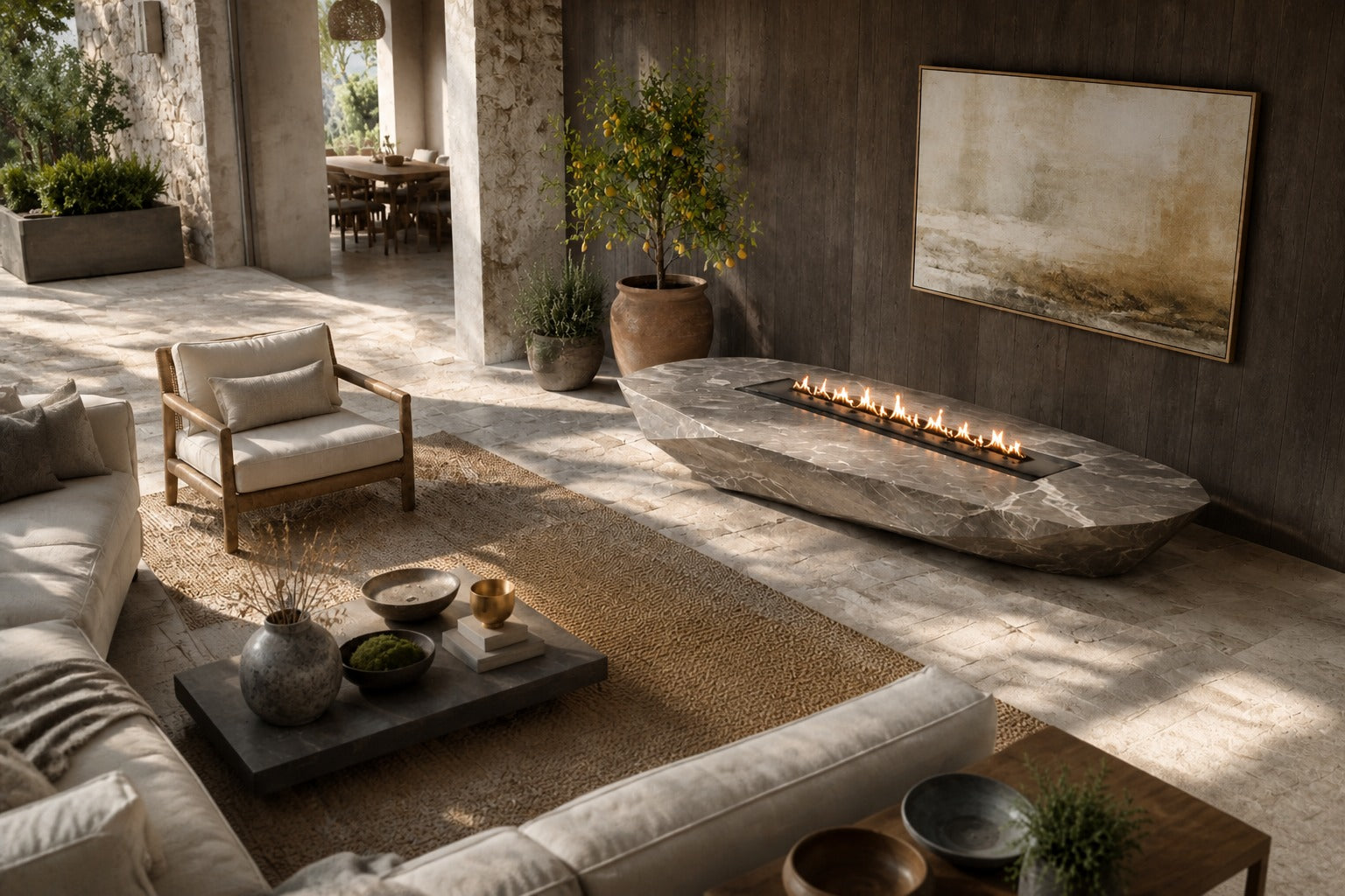 Grey-white marble fire table Iwana 220, grey-white with dark veining, on a pale stone floor.
