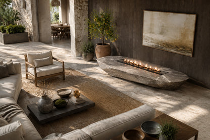 Grey-white marble fire table Iwana 220, grey-white with dark veining, on a pale stone floor.