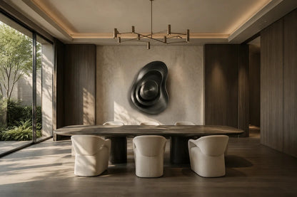 Iron grey bronze wall sculpture Roca, a cast boulder form mounted proud of a spun disc, on a plaster wall.