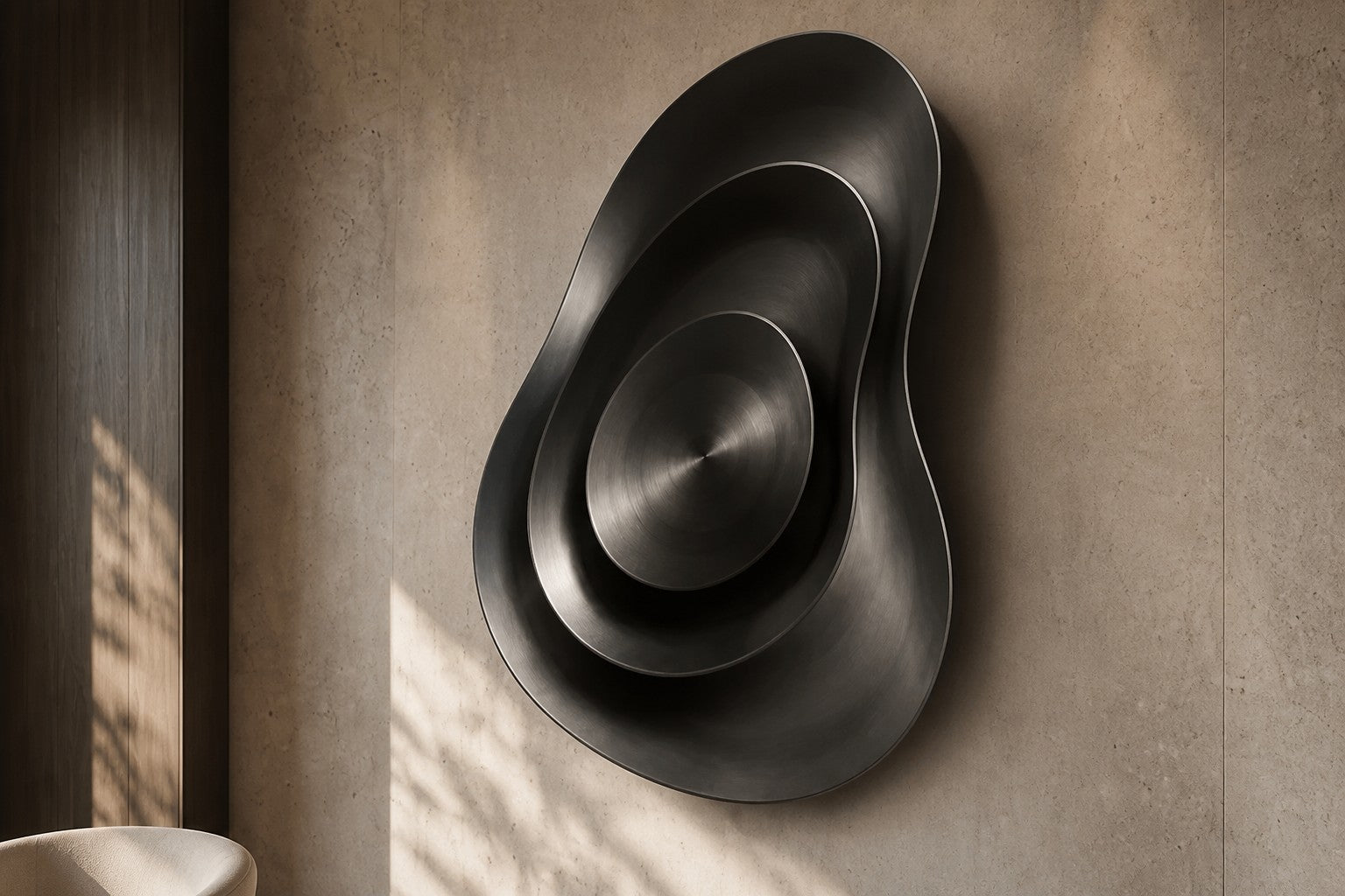 Iron grey bronze wall sculpture Roca, a cast boulder form mounted proud of a spun disc, on a plaster wall.