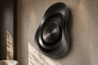 Iron grey bronze wall sculpture Roca, a cast boulder form mounted proud of a spun disc, on a plaster wall.