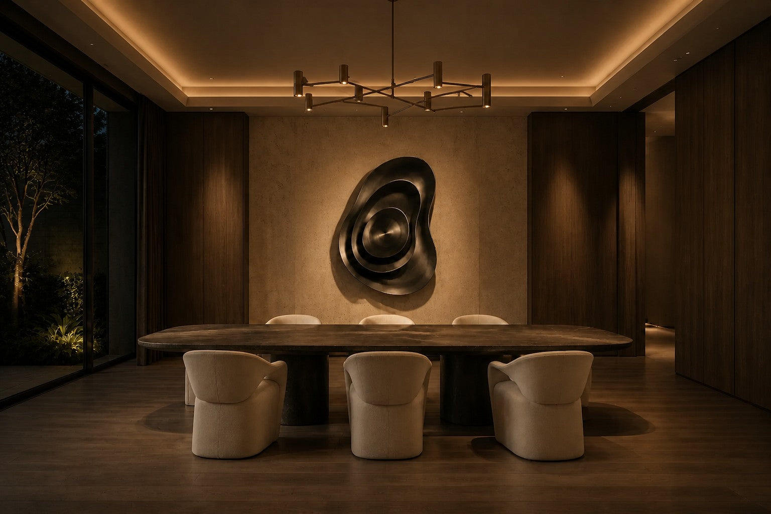 Iron grey bronze wall sculpture Roca, a cast boulder form mounted proud of a spun disc, on a plaster wall.