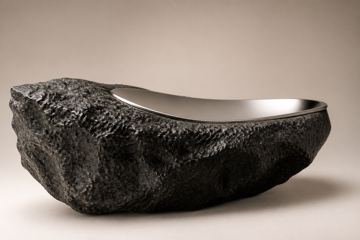 Jamra steel sculptural bench, three-quarter studio view showing its profile