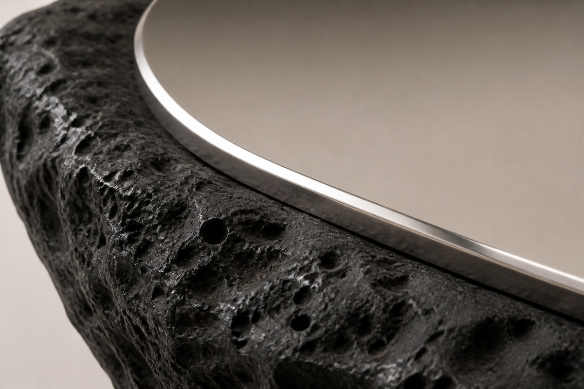 Jamra steel sculptural bench, close studio detail of the surface and material