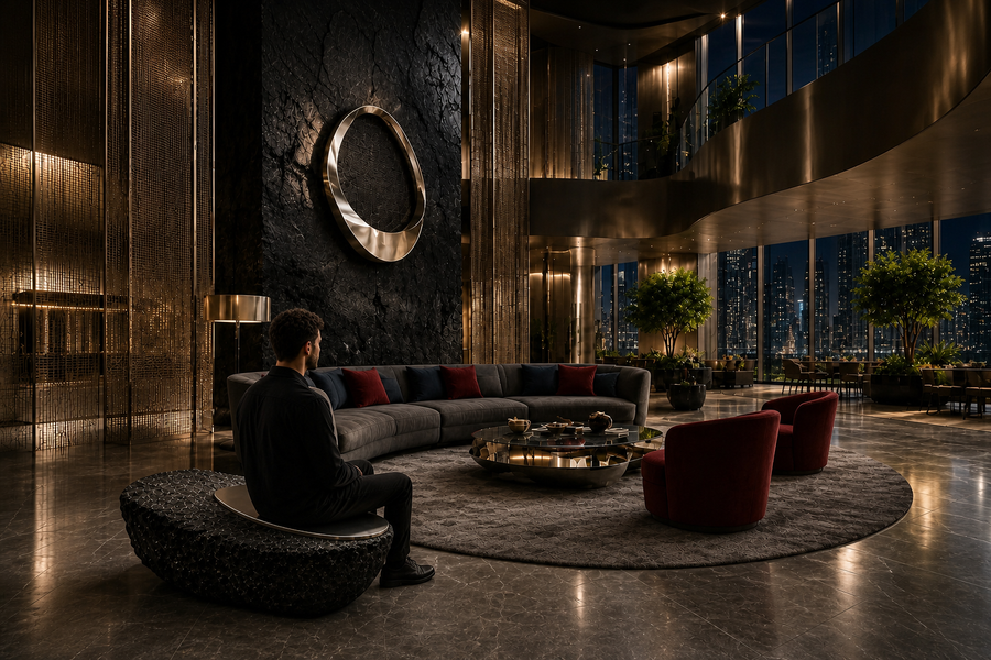 Jamra steel sculptural bench, shown in a room setting, at full scale