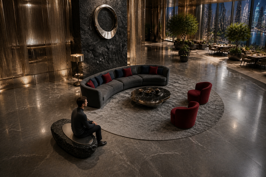 Jamra steel sculptural bench, overhead view in a room setting