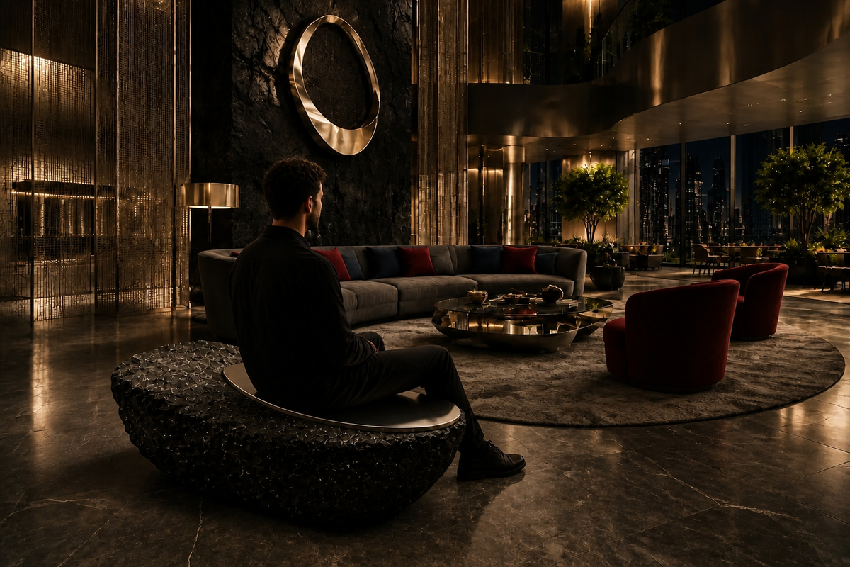Jamra steel sculptural bench, in a room setting under evening light