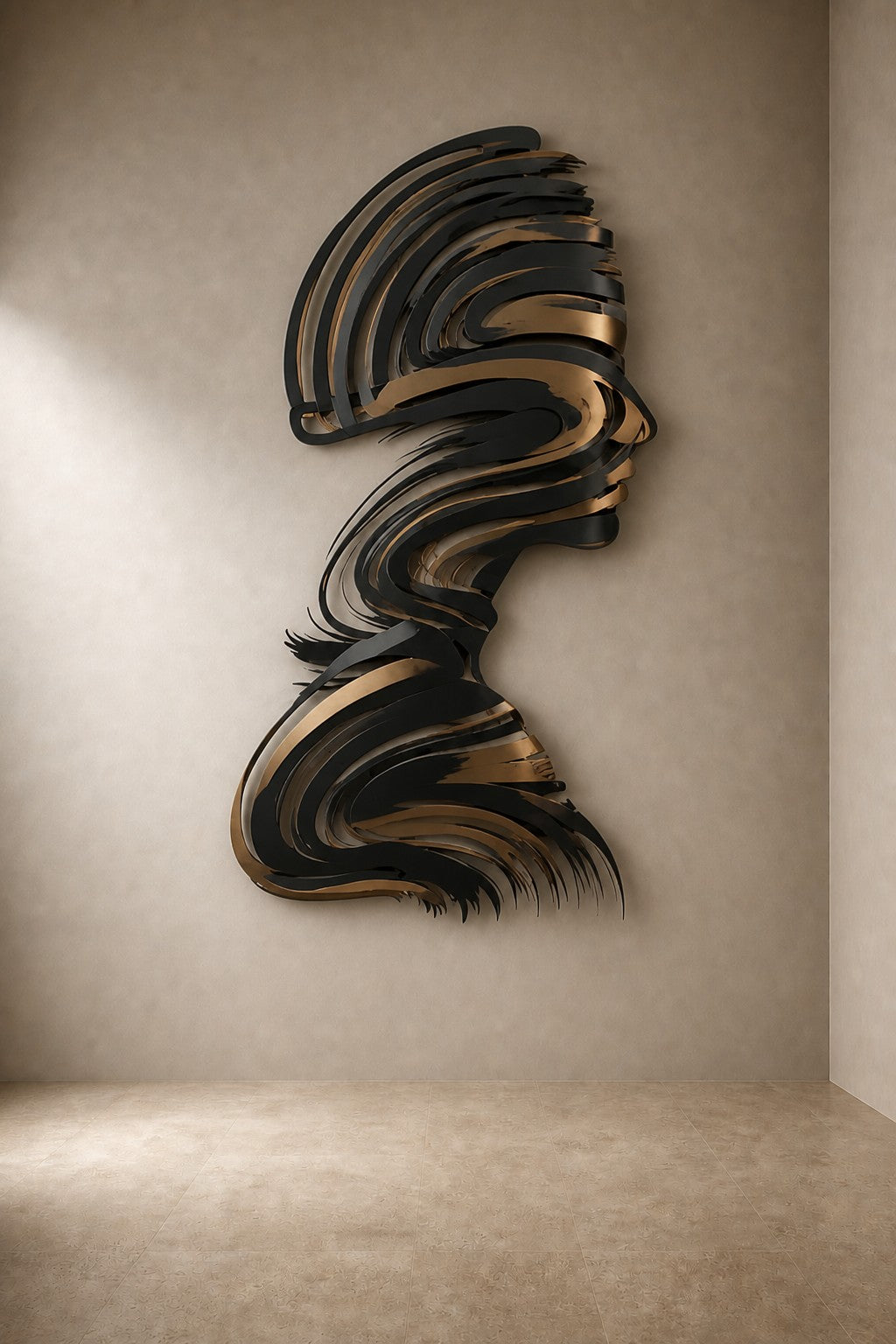 Jamuh 180 — 180 cm stainless steel wall sculpture of a human head in profile made of swirling black and bronze strokes, three-quarter studio view showing its profile
