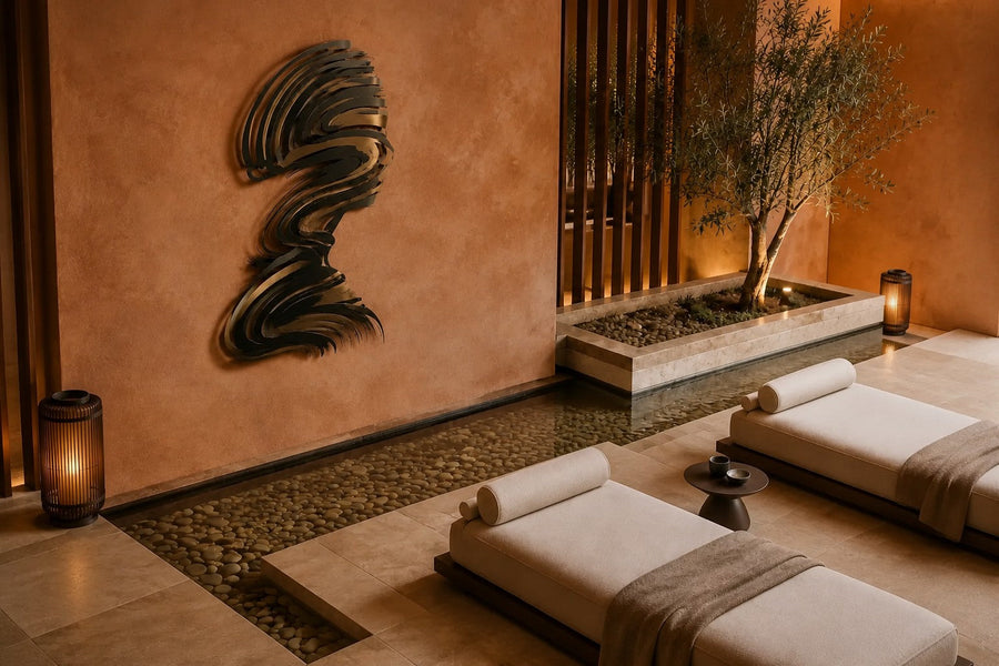 Jamuh 180 — 180 cm stainless steel wall sculpture of a human head in profile made of swirling black and bronze strokes, seen from above in the room