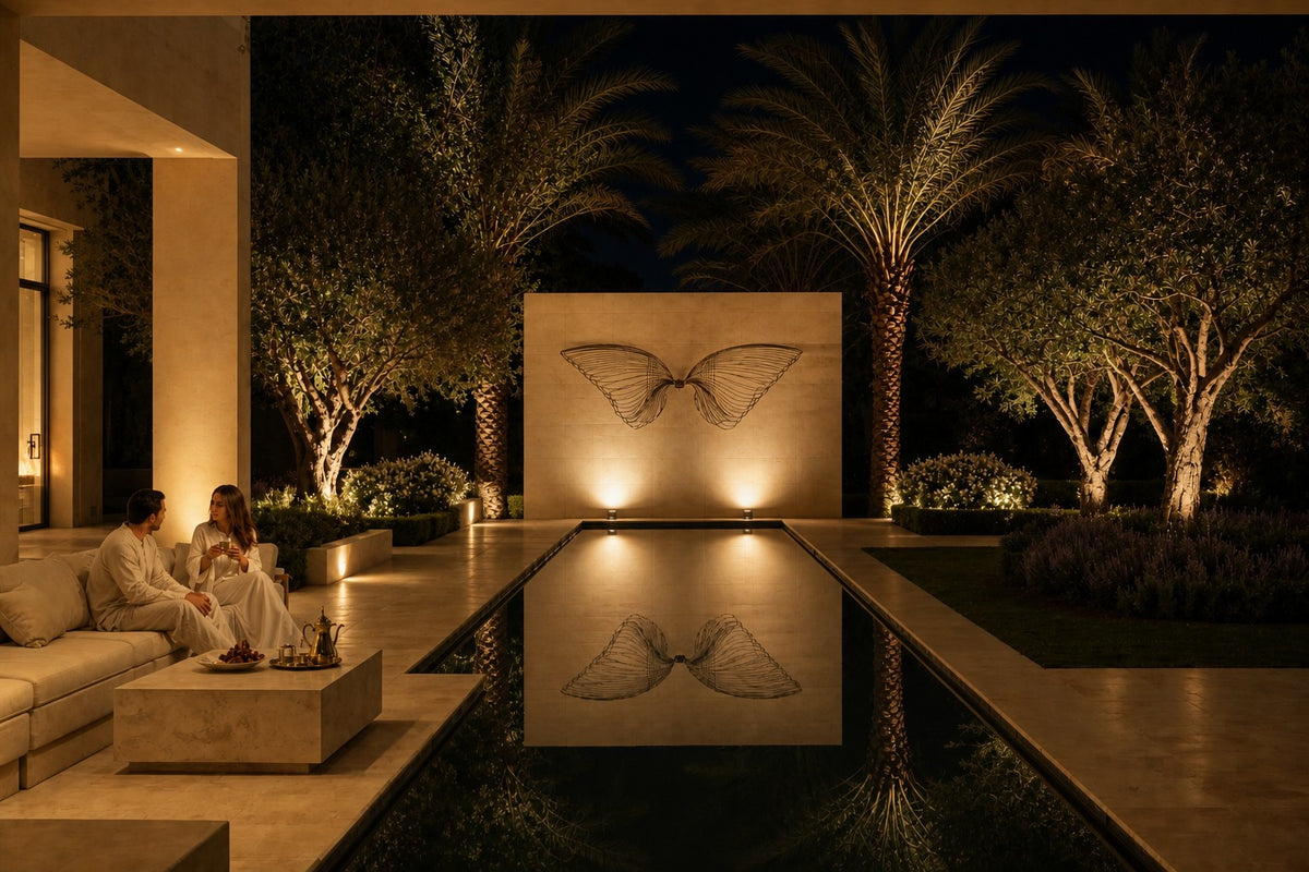 Janah — dark bronze wire wall sculpture of two outstretched wings, the same room at night, lamps on