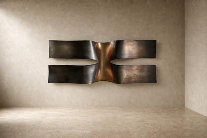 Dark bronze bronze wall sculpture Ponte, two cantilevered spans meeting at a knotted centre, on a plaster wall.
