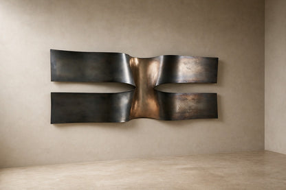 Dark bronze bronze wall sculpture Ponte, two cantilevered spans meeting at a knotted centre, on a plaster wall.