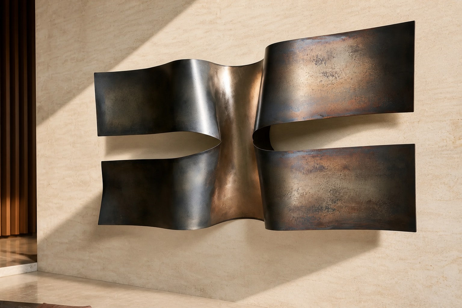 Dark bronze bronze wall sculpture Ponte, two cantilevered spans meeting at a knotted centre, on a plaster wall.