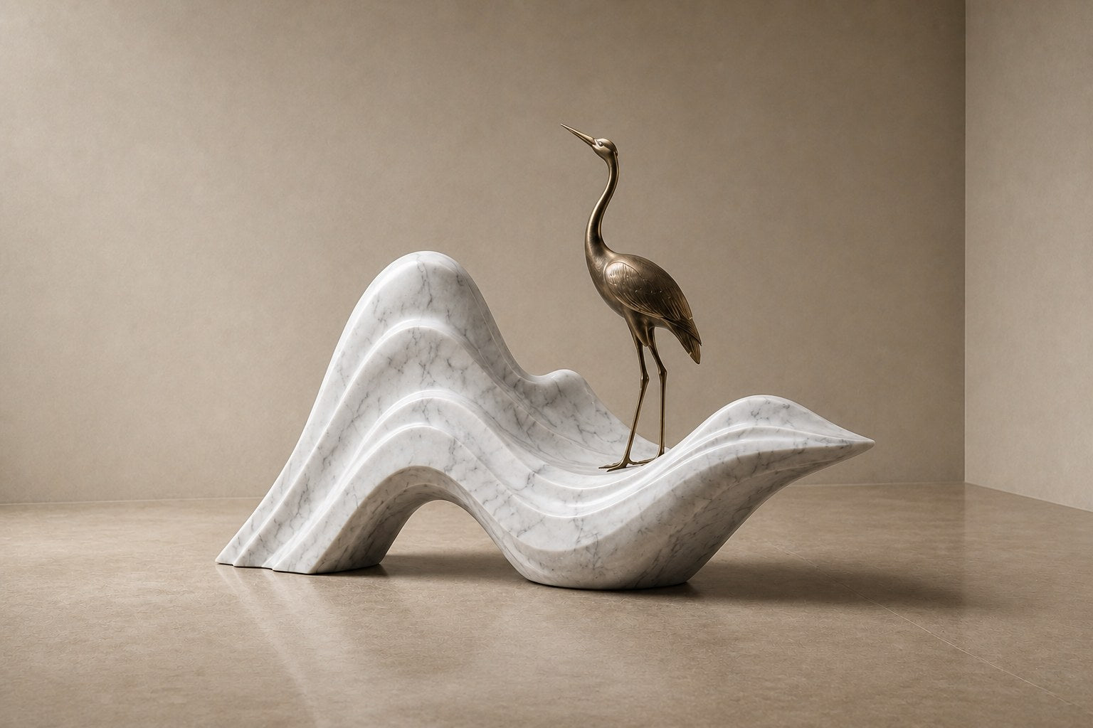 White marble wave sculpture Juncal in four crests with a slender bronze figure standing at the high point, on a dark granite oval base.
