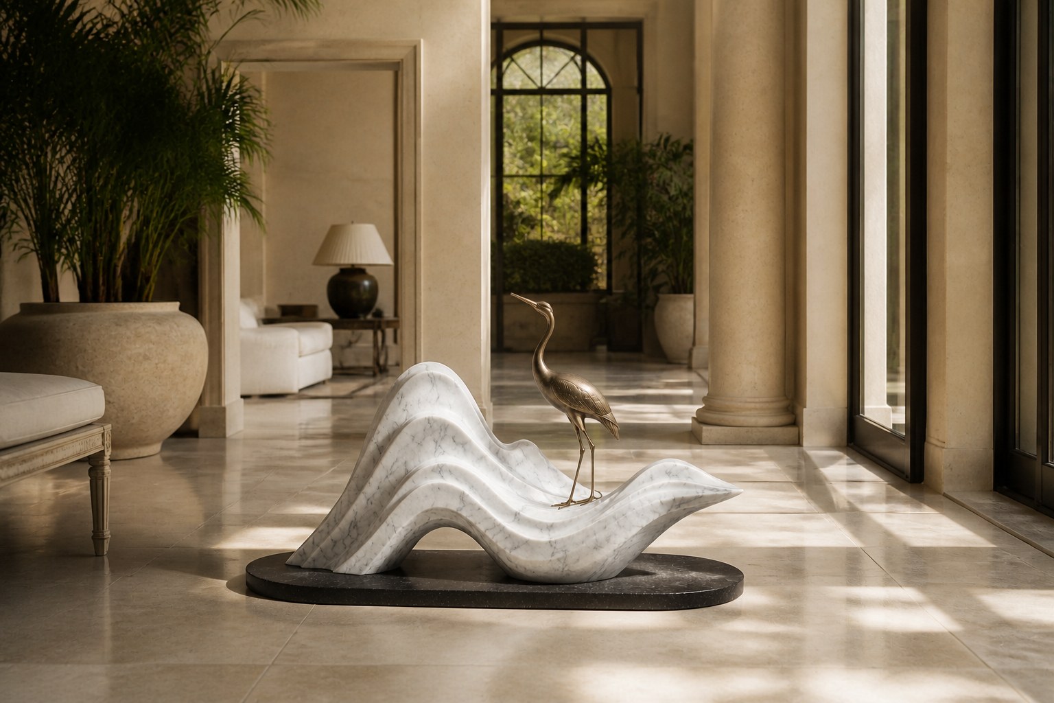 White marble wave sculpture Juncal in four crests with a slender bronze figure standing at the high point, on a dark granite oval base.