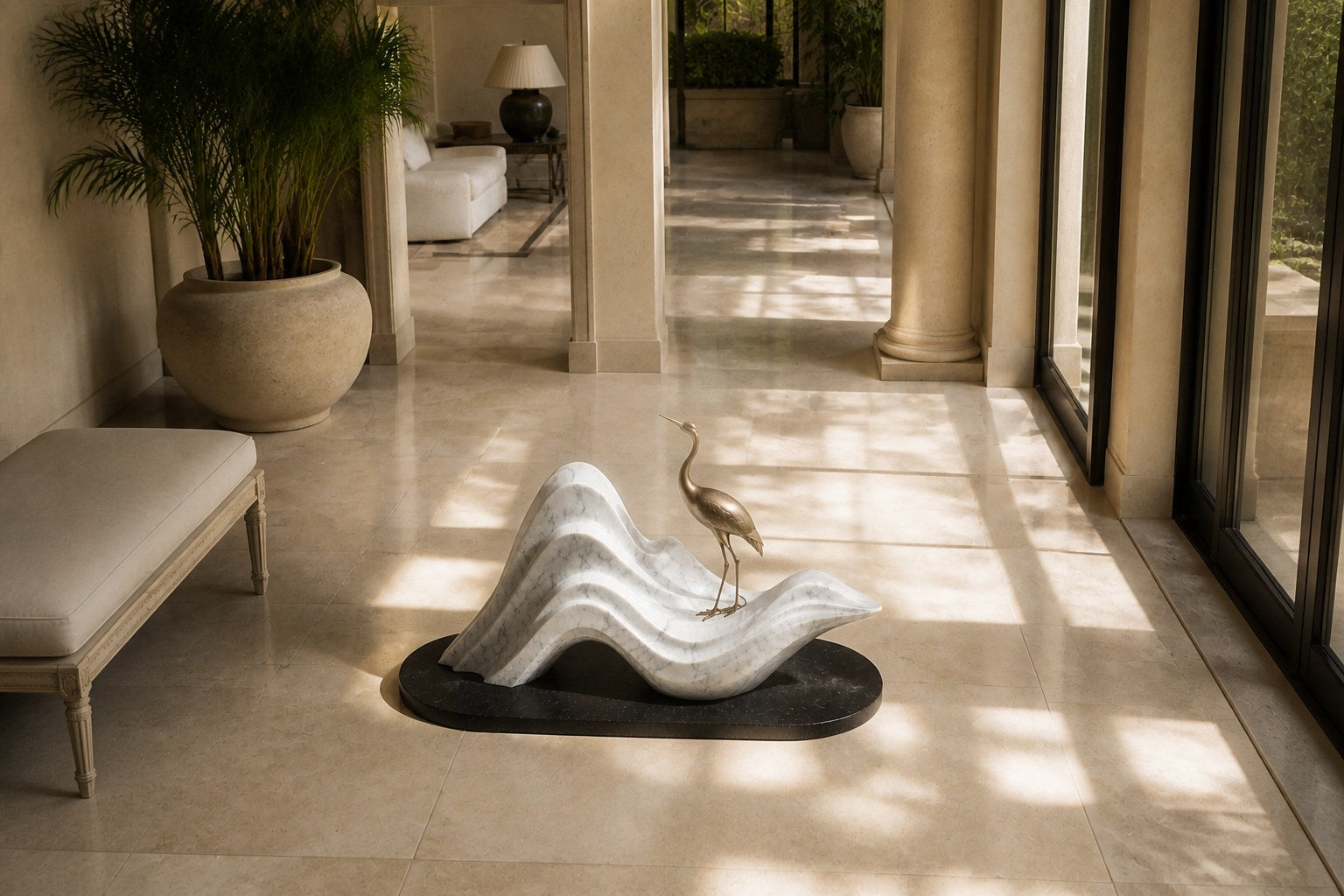 White marble wave sculpture Juncal in four crests with a slender bronze figure standing at the high point, on a dark granite oval base.