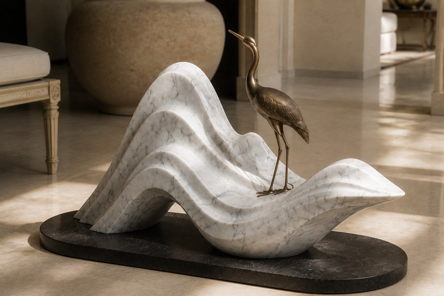 White marble wave sculpture Juncal in four crests with a slender bronze figure standing at the high point, on a dark granite oval base.