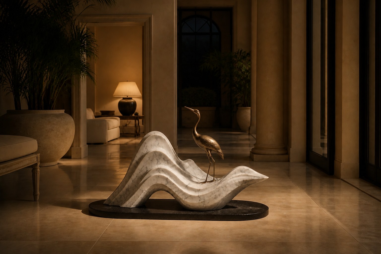 White marble wave sculpture Juncal in four crests with a slender bronze figure standing at the high point, on a dark granite oval base.