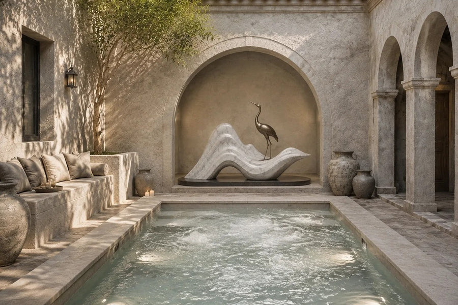 White marble wave sculpture Juncal in four crests with a slender bronze figure standing at the high point, on a dark granite oval base.