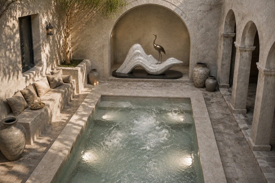 White marble wave sculpture Juncal in four crests with a slender bronze figure standing at the high point, on a dark granite oval base.