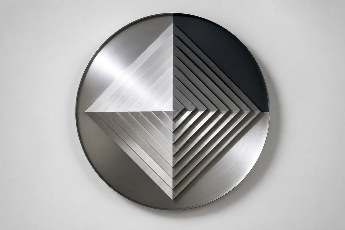 Kado — Ø 200 cm brushed stainless steel circular wall relief with a stepped diamond, studio front view