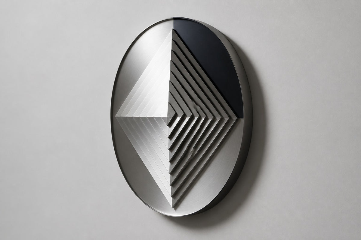 Kado — Ø 200 cm brushed stainless steel circular wall relief with a stepped diamond, studio side angle showing its depth