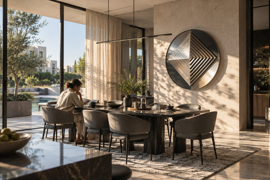 Kado — Ø 200 cm brushed stainless steel circular wall relief with a stepped diamond, installed on the wall of a furnished room