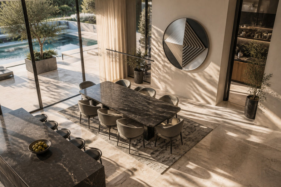 Kado — Ø 200 cm brushed stainless steel circular wall relief with a stepped diamond, seen from above in the room