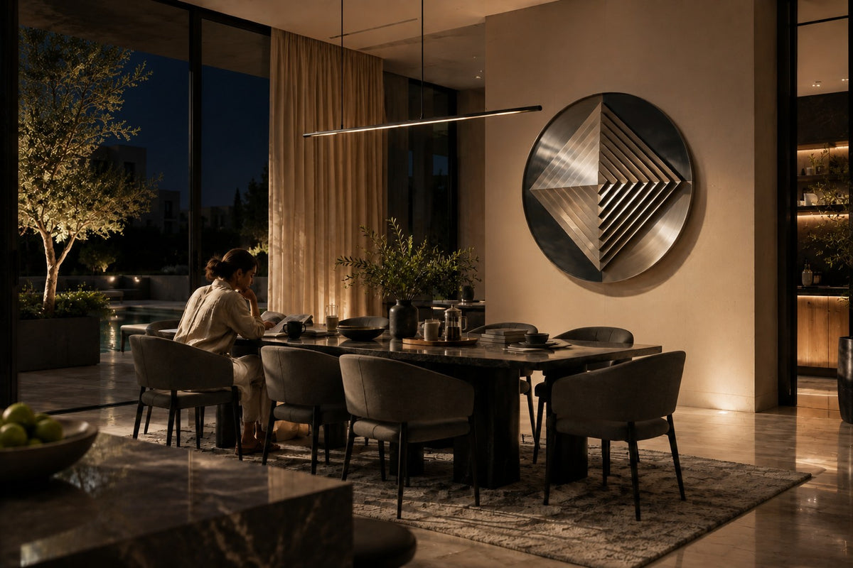 Kado — Ø 200 cm brushed stainless steel circular wall relief with a stepped diamond, the same room at night, lamps on