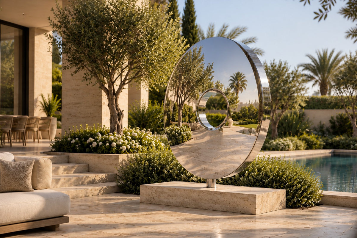 Kagami — upright dished mirror-steel disc with an off-centre hole on a travertine base, close view in the room