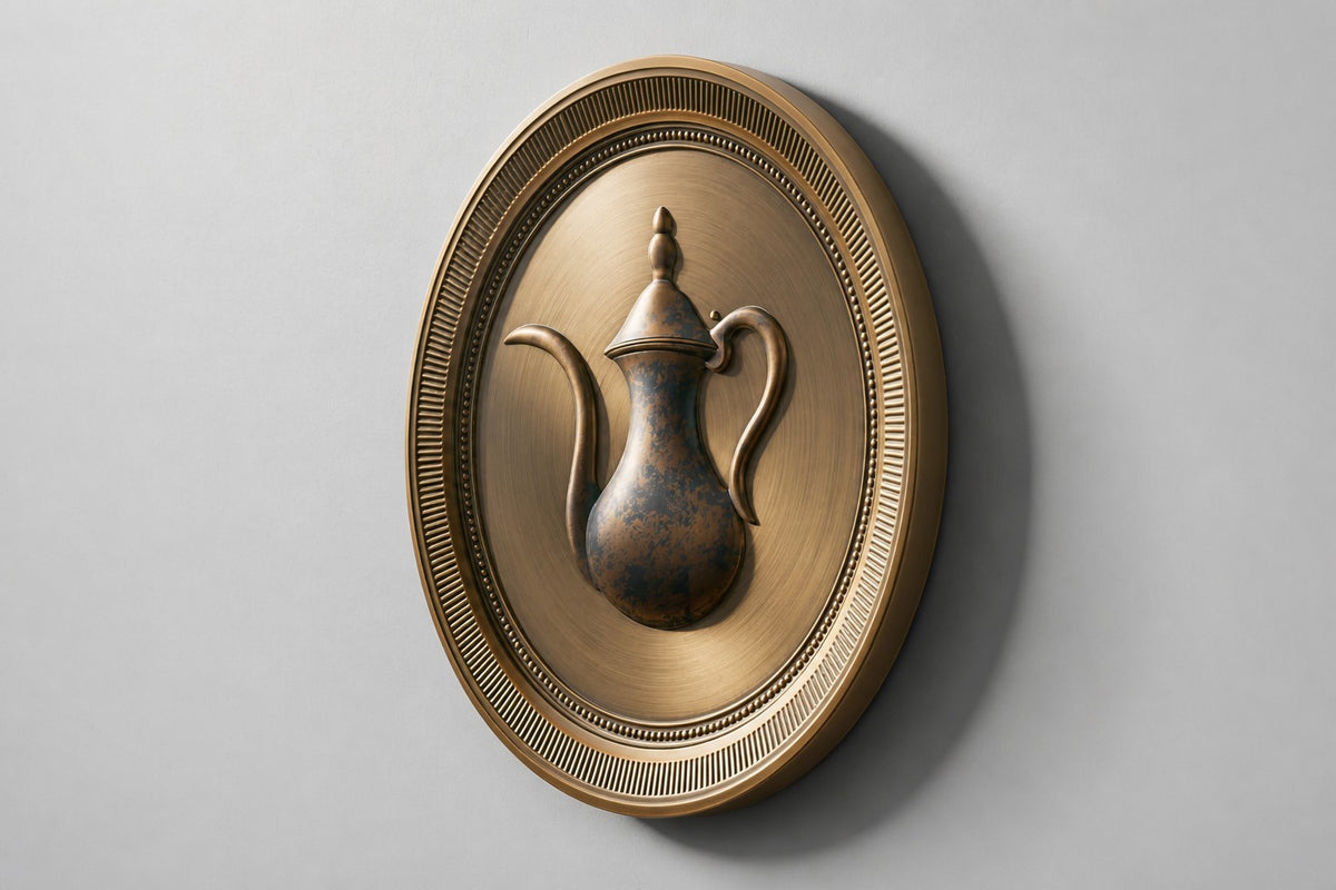 Karam — Ø 160 cm brushed brass round wall medallion with a fluted rim and a raised Arabic coffee pot, three-quarter studio view showing its profile