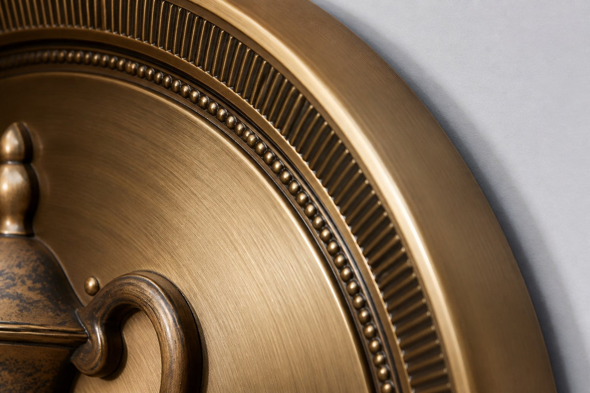 Karam — Ø 160 cm brushed brass round wall medallion with a fluted rim and a raised Arabic coffee pot, close studio detail of the surface and material