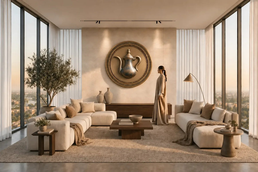 Karam — Ø 160 cm brushed brass round wall medallion with a fluted rim and a raised Arabic coffee pot, placed in a furnished room