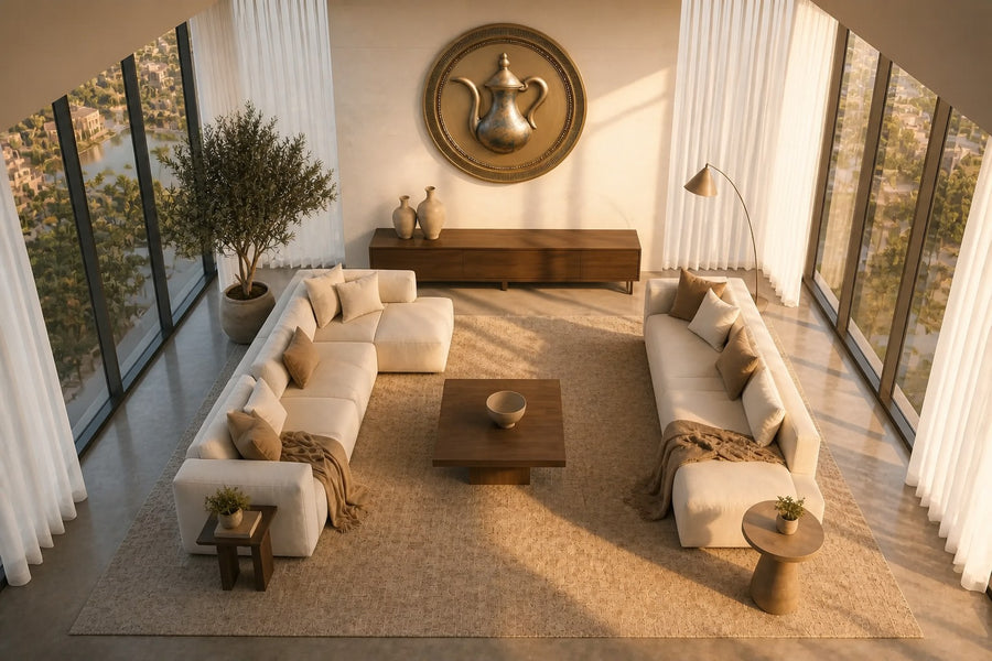 Karam — Ø 160 cm brushed brass round wall medallion with a fluted rim and a raised Arabic coffee pot, seen from above in the room