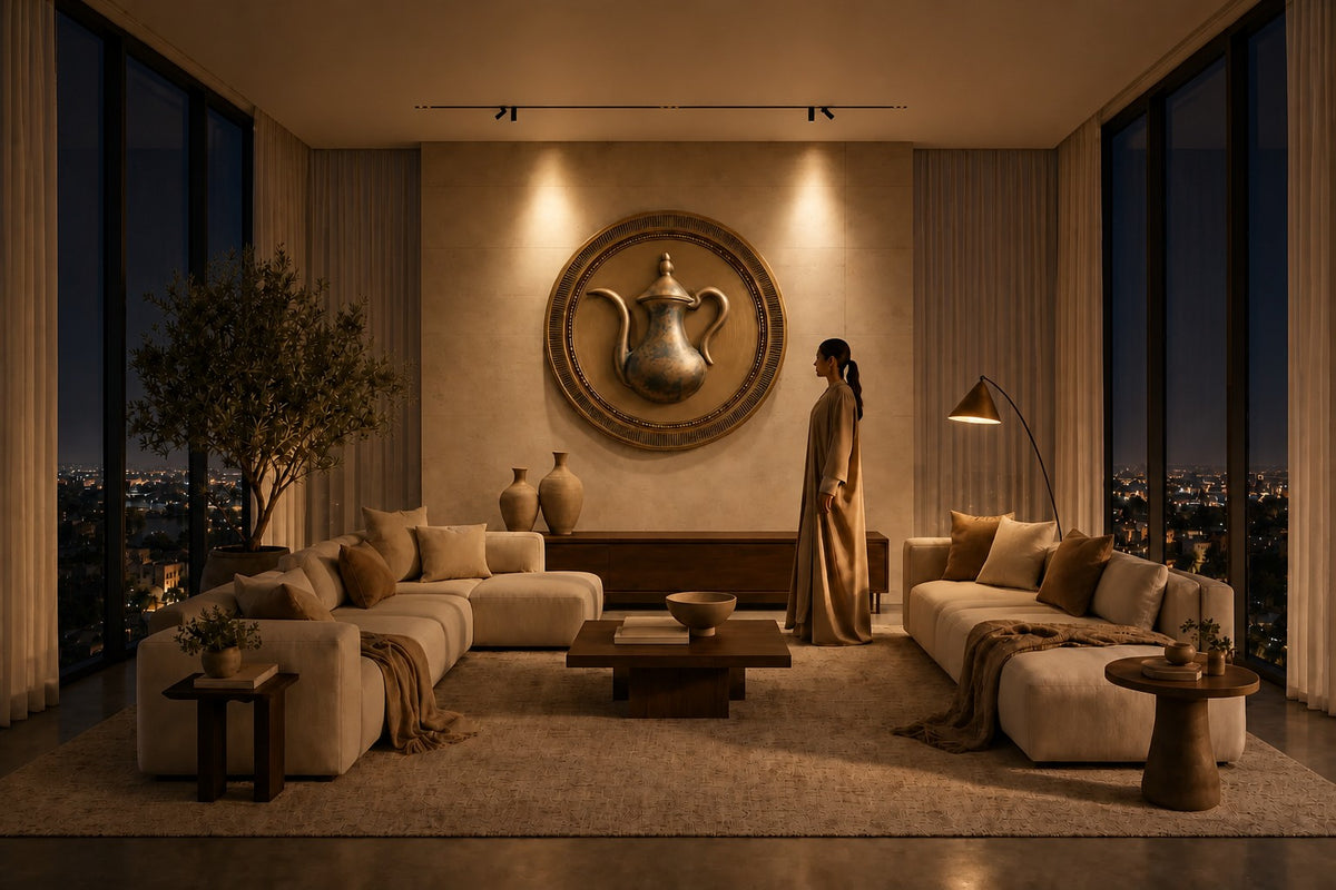 Karam — Ø 160 cm brushed brass round wall medallion with a fluted rim and a raised Arabic coffee pot, the same room at night, lamps on