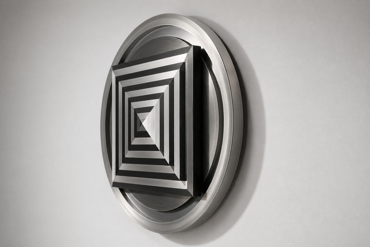 Kasane — Ø 200 cm brushed stainless steel circular wall relief with a stepped square pyramid, studio side angle showing its depth