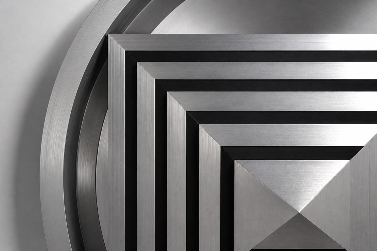 Kasane — Ø 200 cm brushed stainless steel circular wall relief with a stepped square pyramid, close detail of the surface and edge