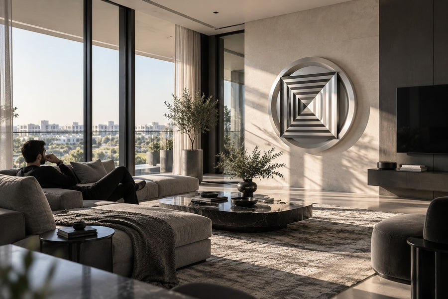 Kasane — Ø 200 cm brushed stainless steel circular wall relief with a stepped square pyramid, installed on the wall of a furnished room